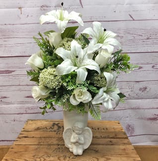 Cherub Planter with White Silks (Artificial)