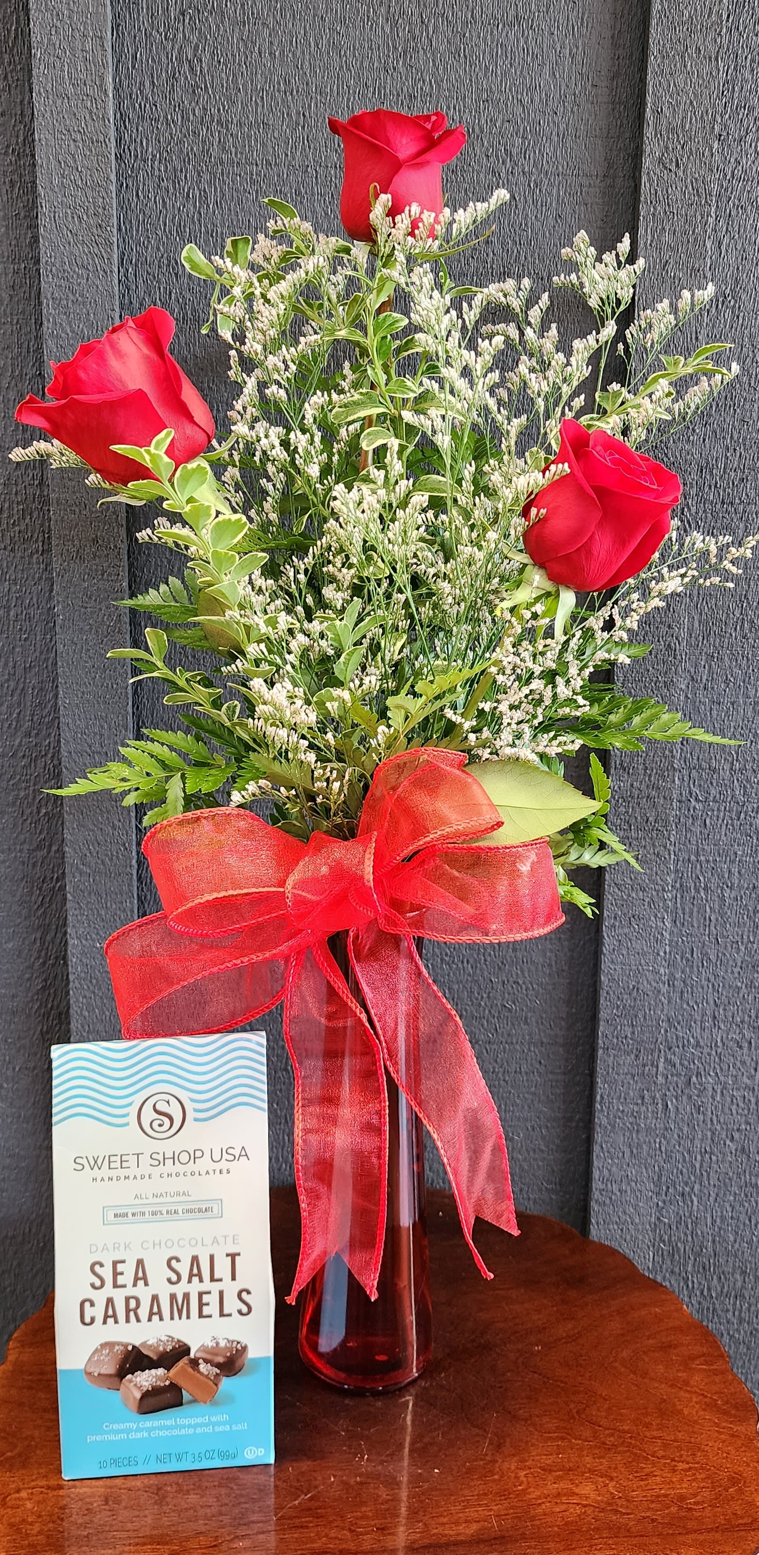 Three Rose Bud Vase and Chocolates Flower Bouquet