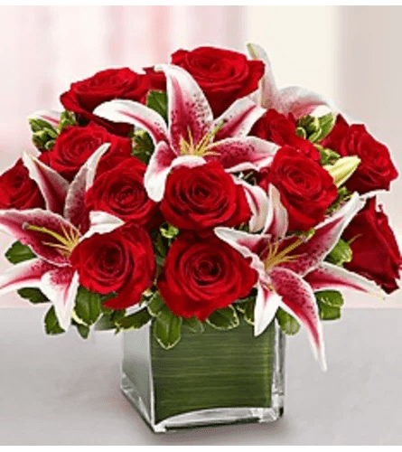 RED ROSES AND STARGAZER LILY