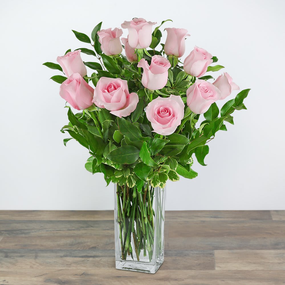 One Dozen Light Pink Roses Flower Bouquet