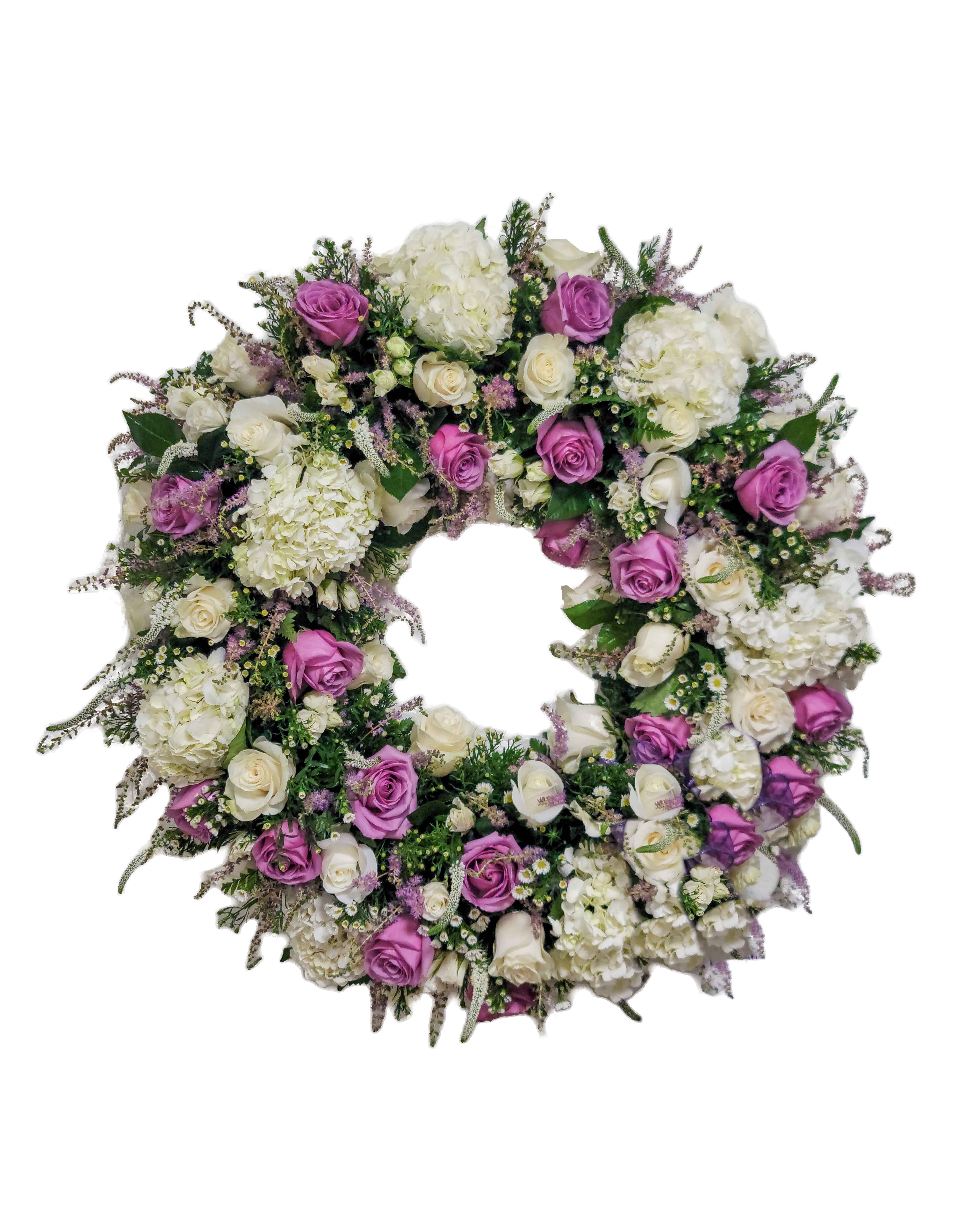 C-20 Corona redonda de rosas, veronica, hortensias y spray roses