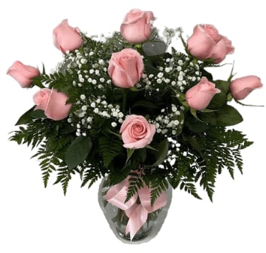 12 Light Pink Roses in a Vase R-215 Flower Bouquet