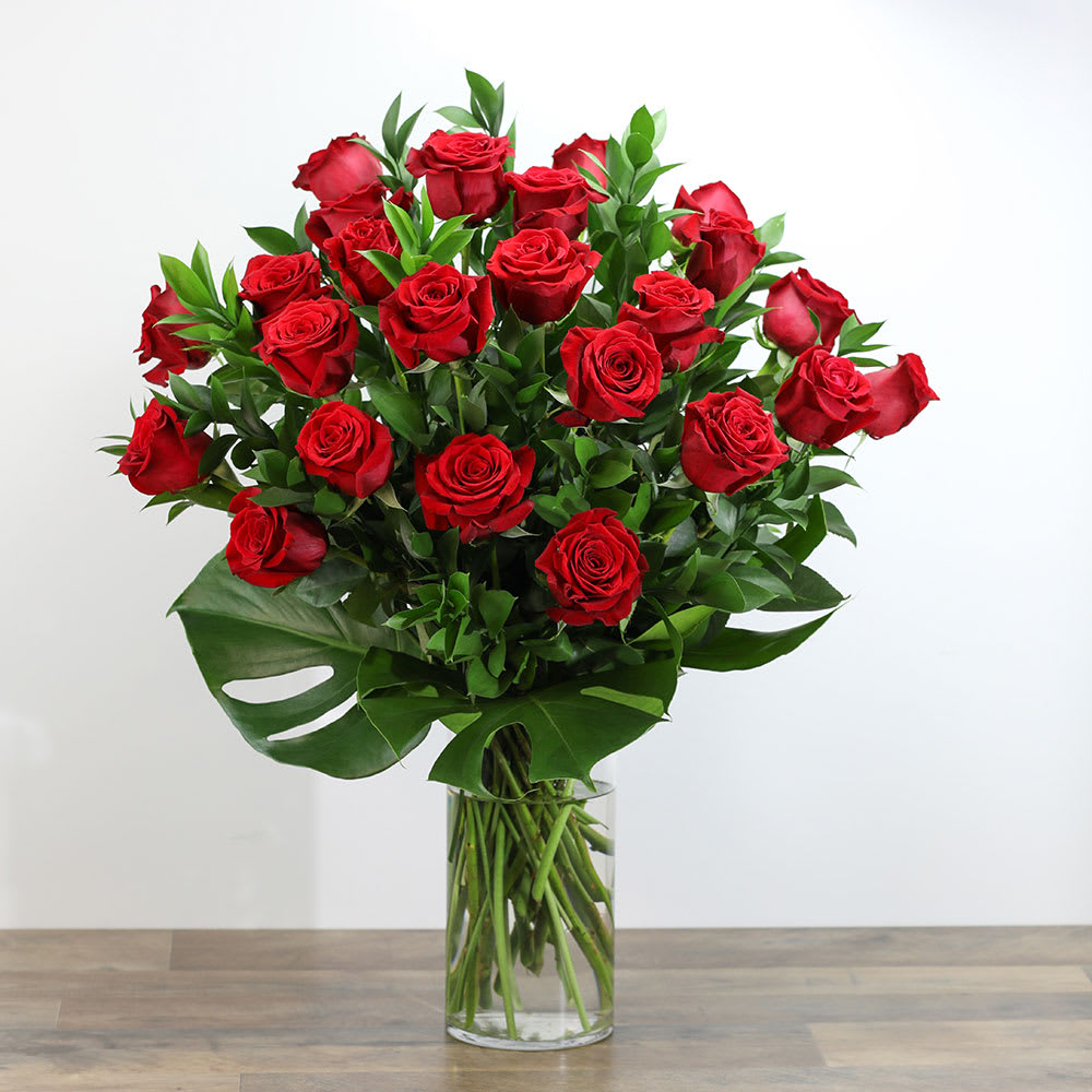 Red Roses with Modern Foliage (24) Flower Bouquet