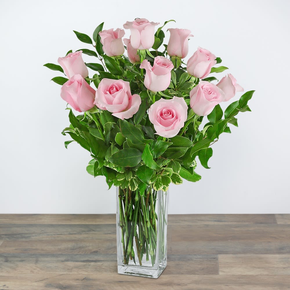 One Dozen Light Pink Roses Flower Bouquet