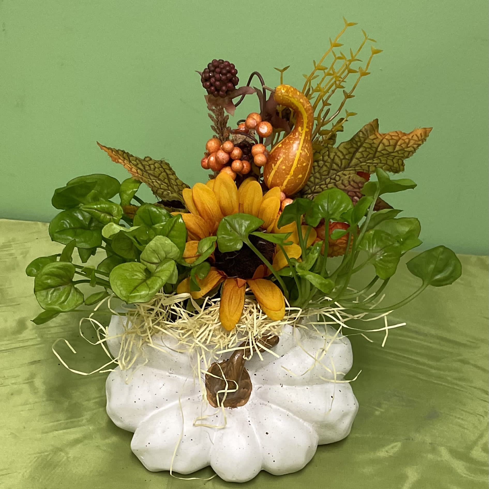 White Pumpkin with Plant Flower Bouquet