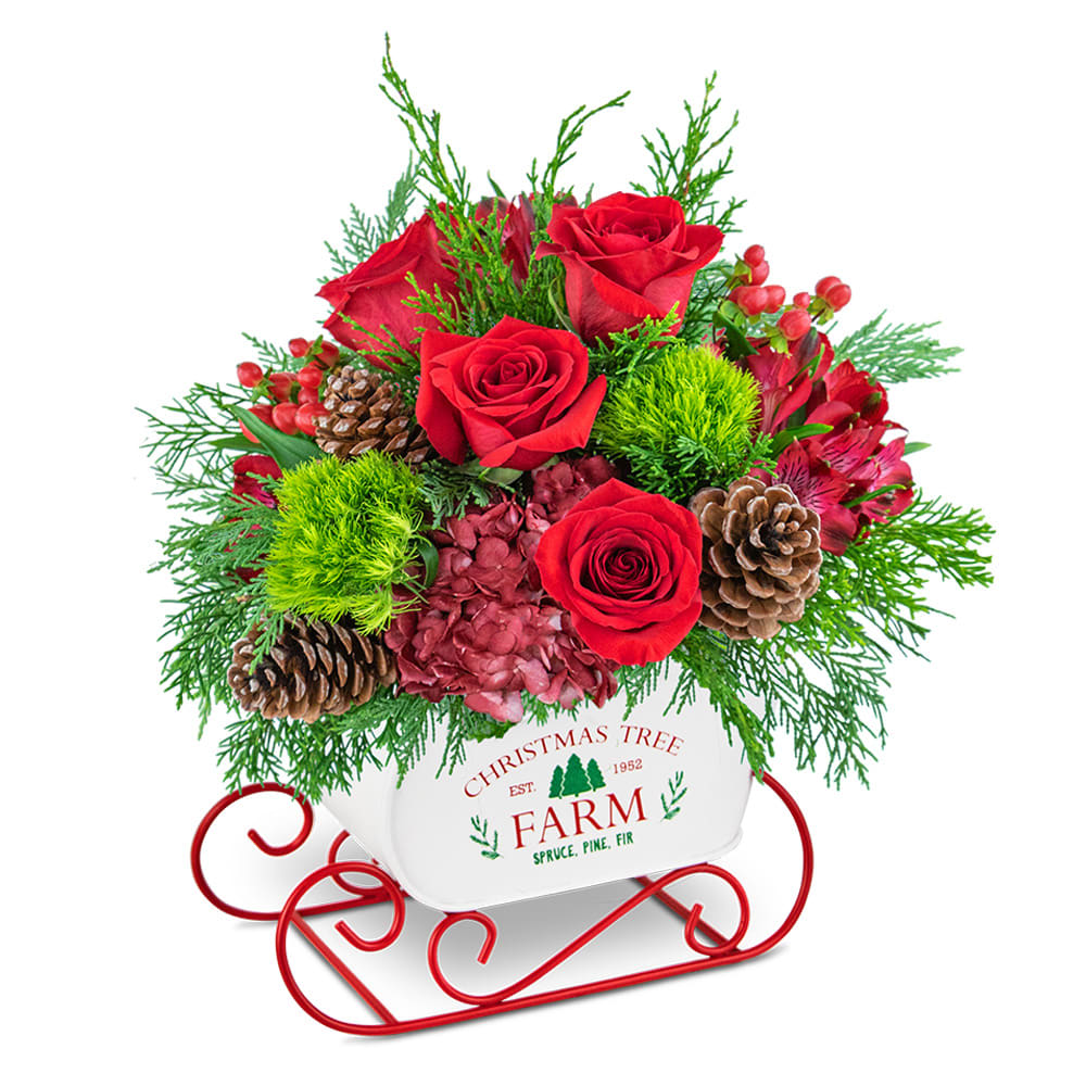 Festive Cranberry Keepsake Sleigh Flower Bouquet