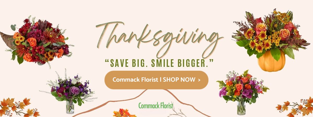 Thanksgiving floral arrangements banner with 'Save Big, Smile Bigger' slogan.
