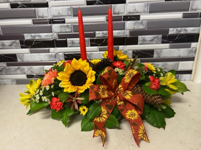 Sunflowers and Candles Centerpiece Flower Bouquet