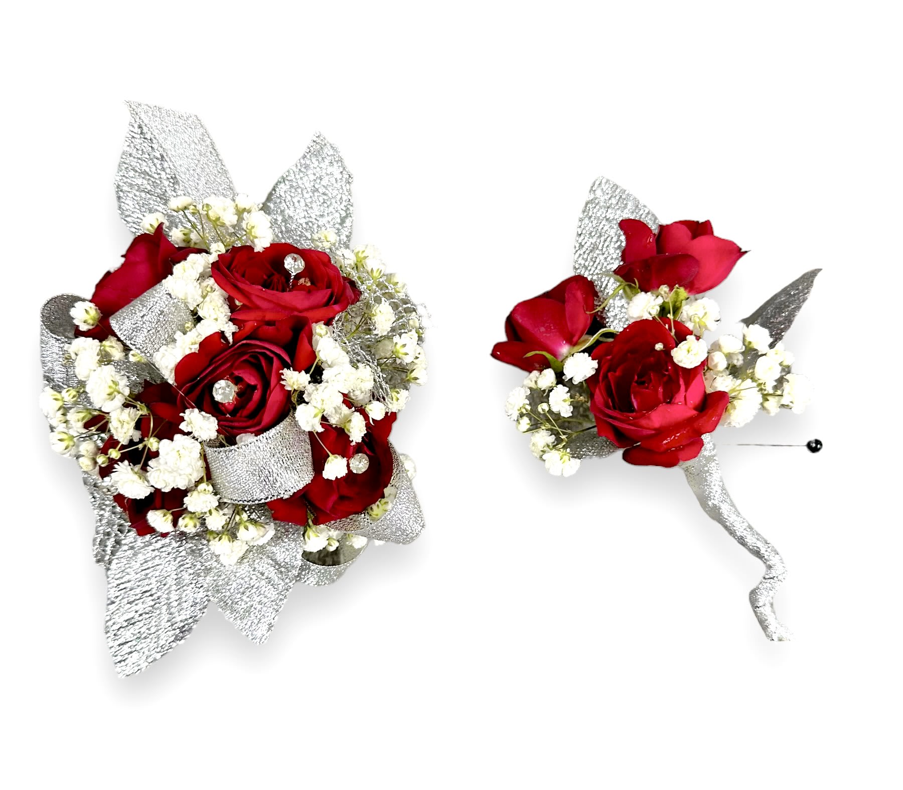 Silver Lining Wristlet and Boutonniere Flower Bouquet