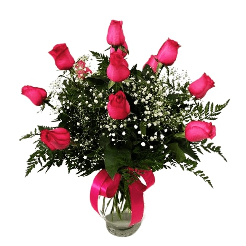 12 Hot Pink Roses in a Vase R-222