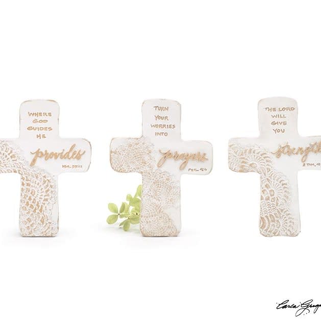 Religious Message Cross Shelf Sitter Flower Bouquet