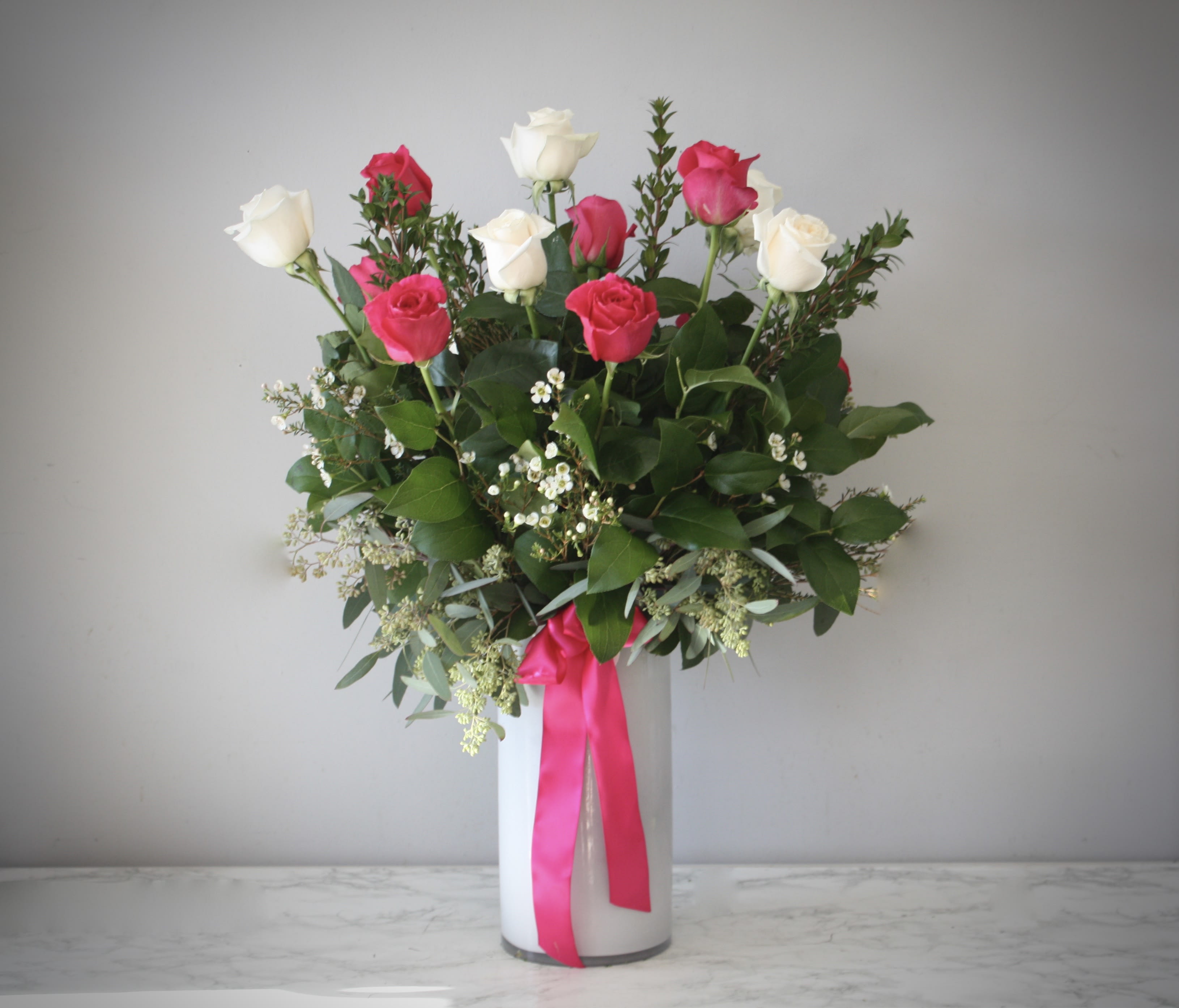 1 Dozen Hot Pink and White Roses