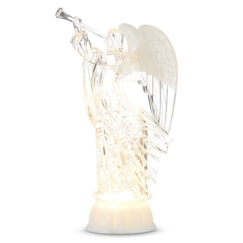 LIGHTED ANGEL WITH TRUMPET WITH SILVER SWIRLING GLITTER