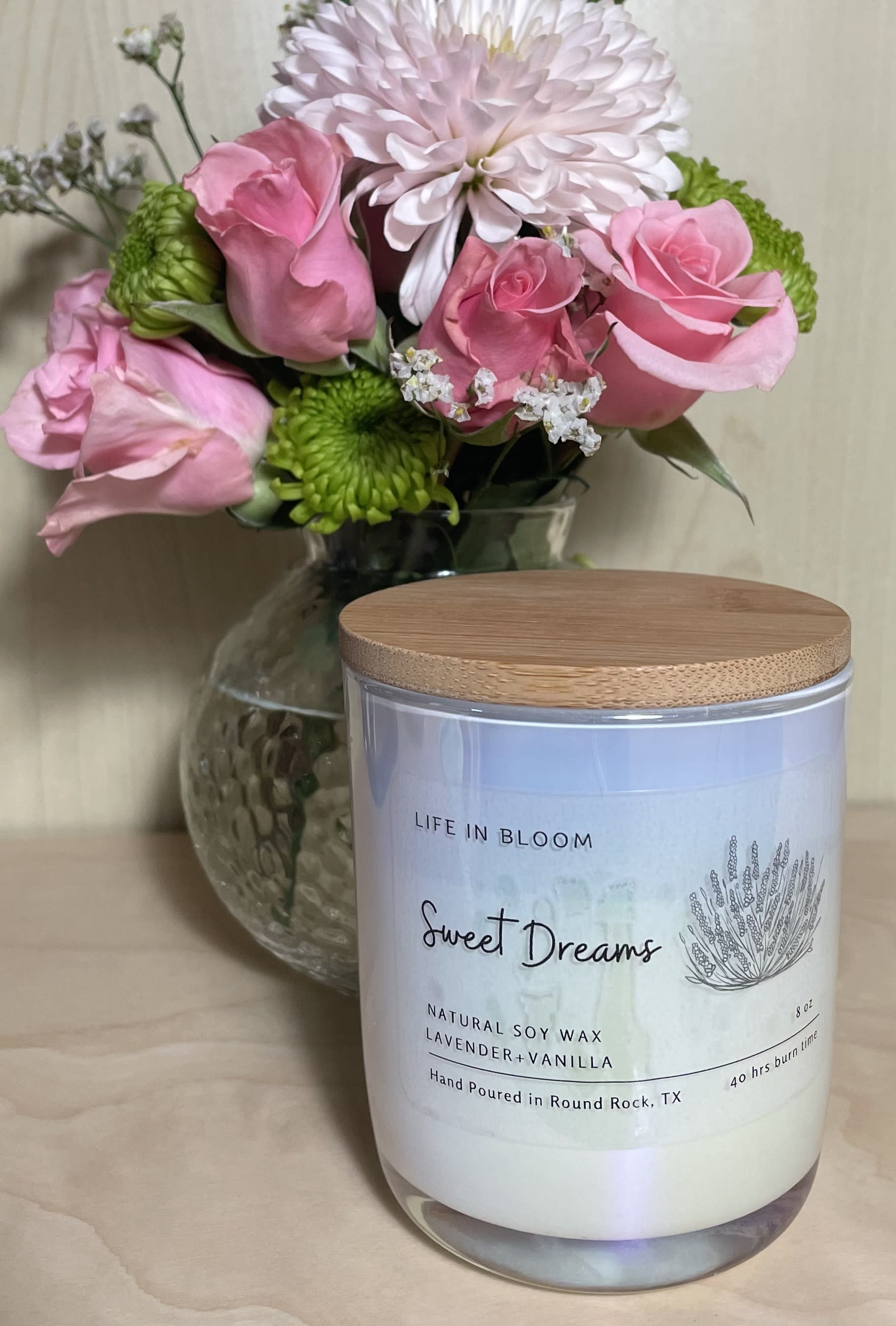 Sweet Dreams Soy Candle 8oz White lux jar Flower Bouquet