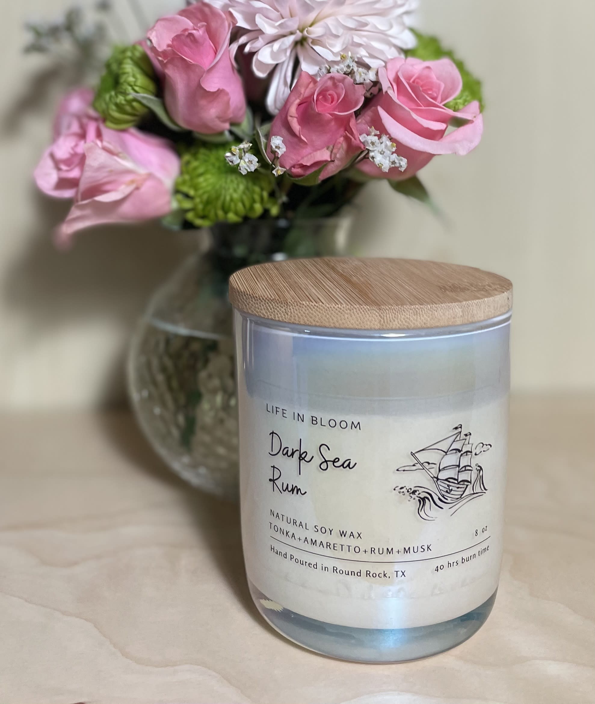 Dark Sea Rum Soy 8oz white lux jar Flower Bouquet