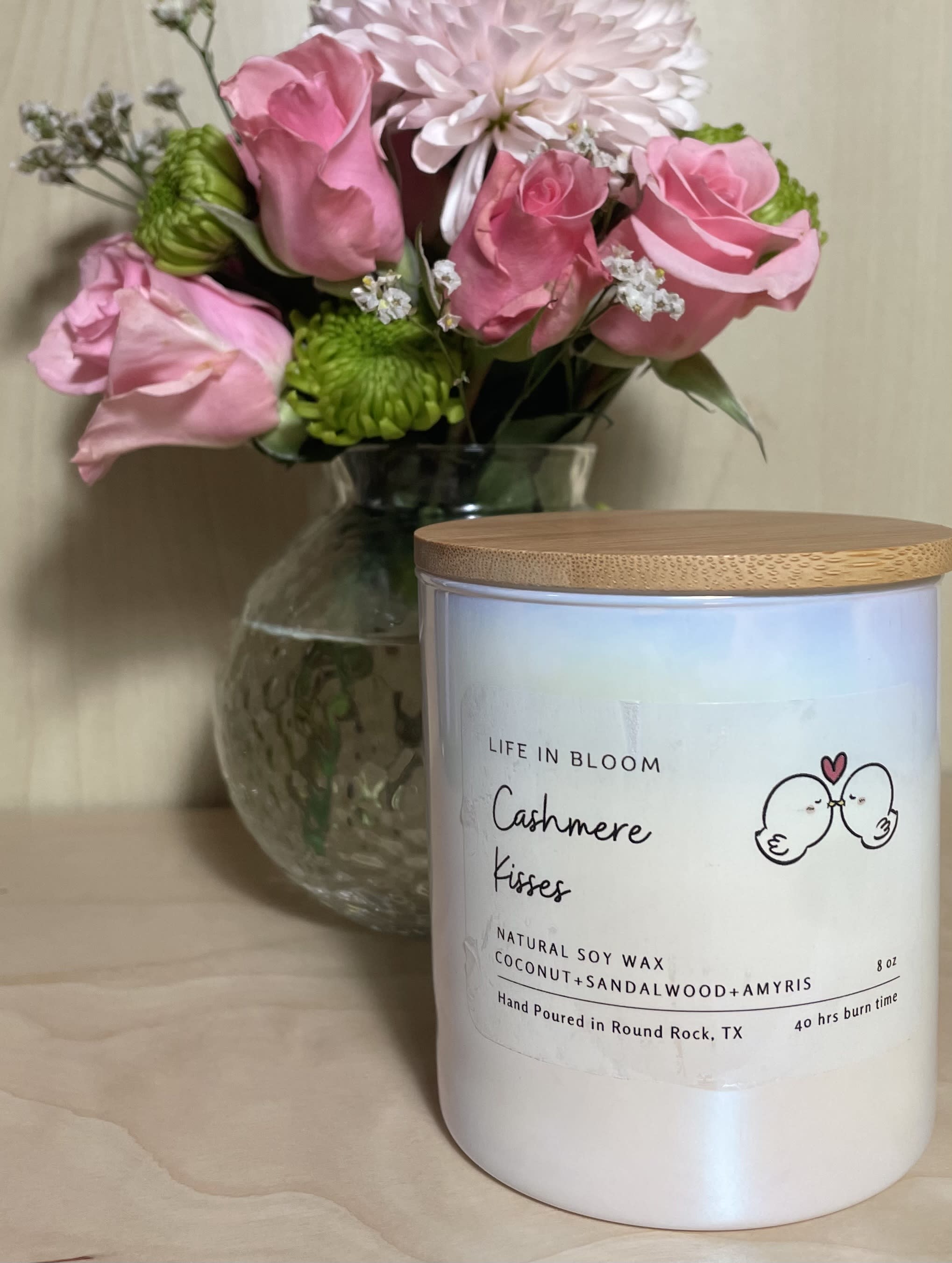Cashmere Kisses 9oz soy candle white lux jar Flower Bouquet