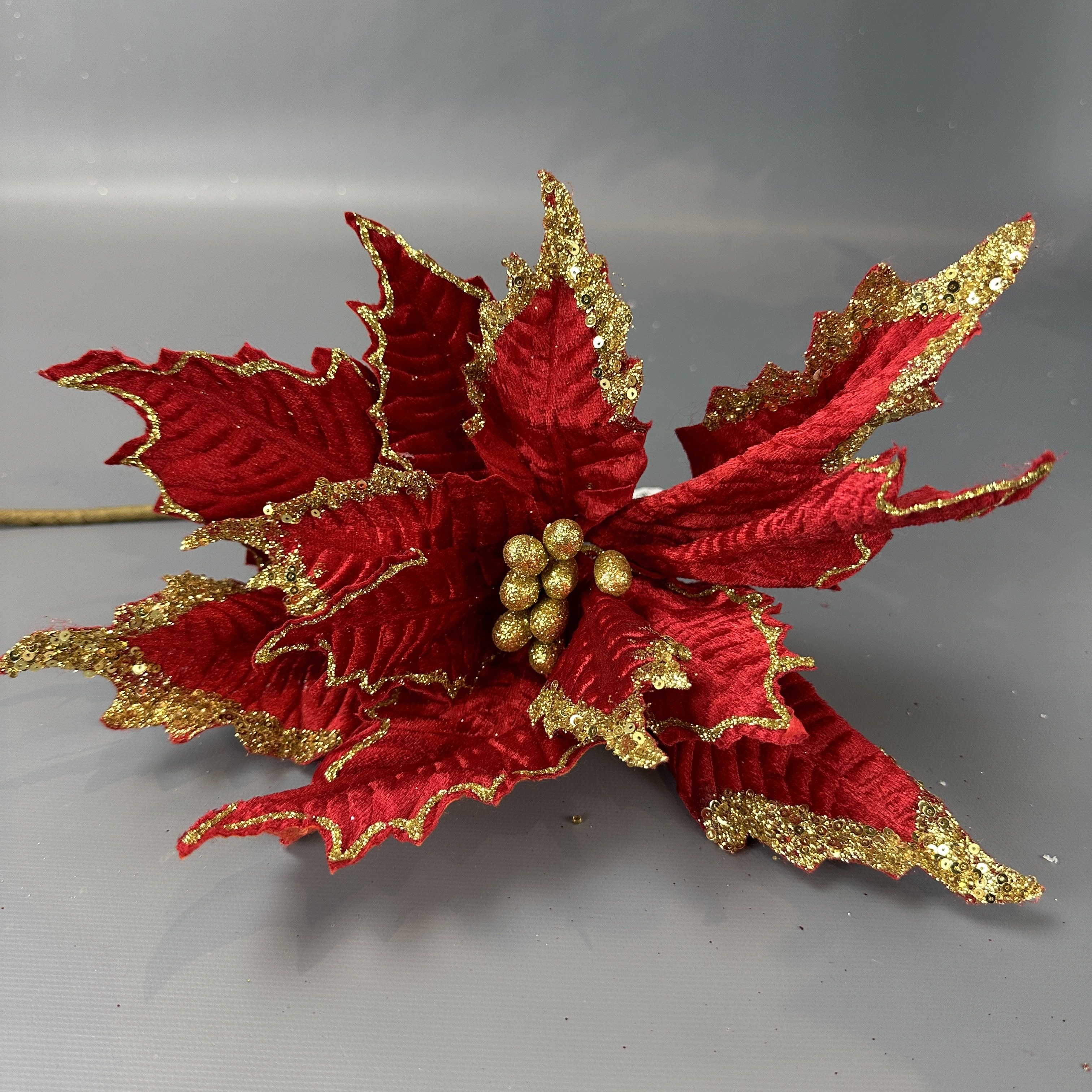 DELUXE VELVET SEQUIN EDGE POINSETTIA STEM 28''L