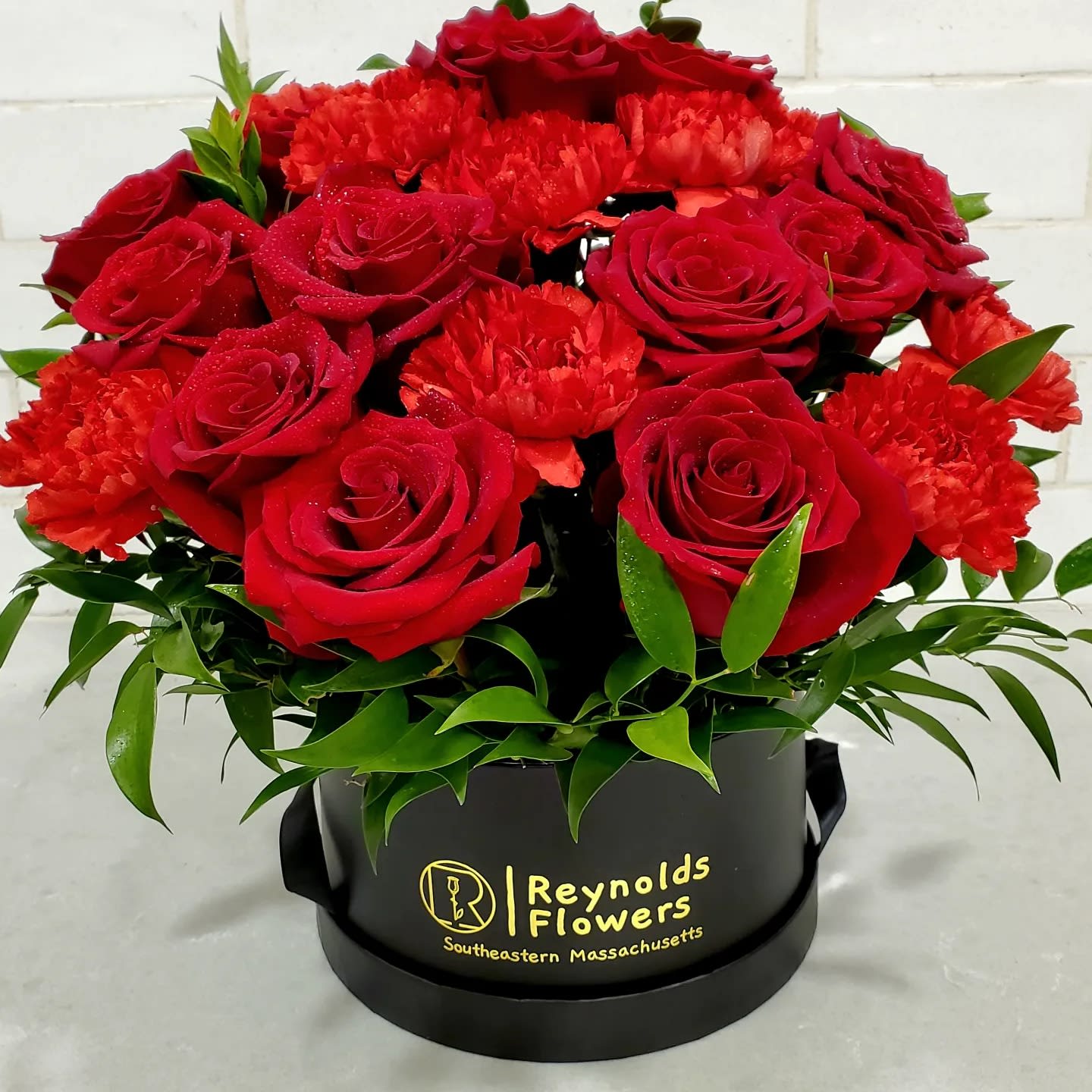 One Dozen Red Roses and One Dozen Red Carnations in Stylish Hat Box