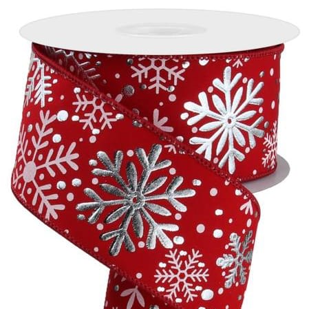 Red and White Multi Snowflakes On Velvet 2.5" x 10yds