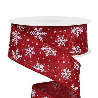 Red Ribbon with White Snowflakes 1.5" x 10yds Flower Bouquet