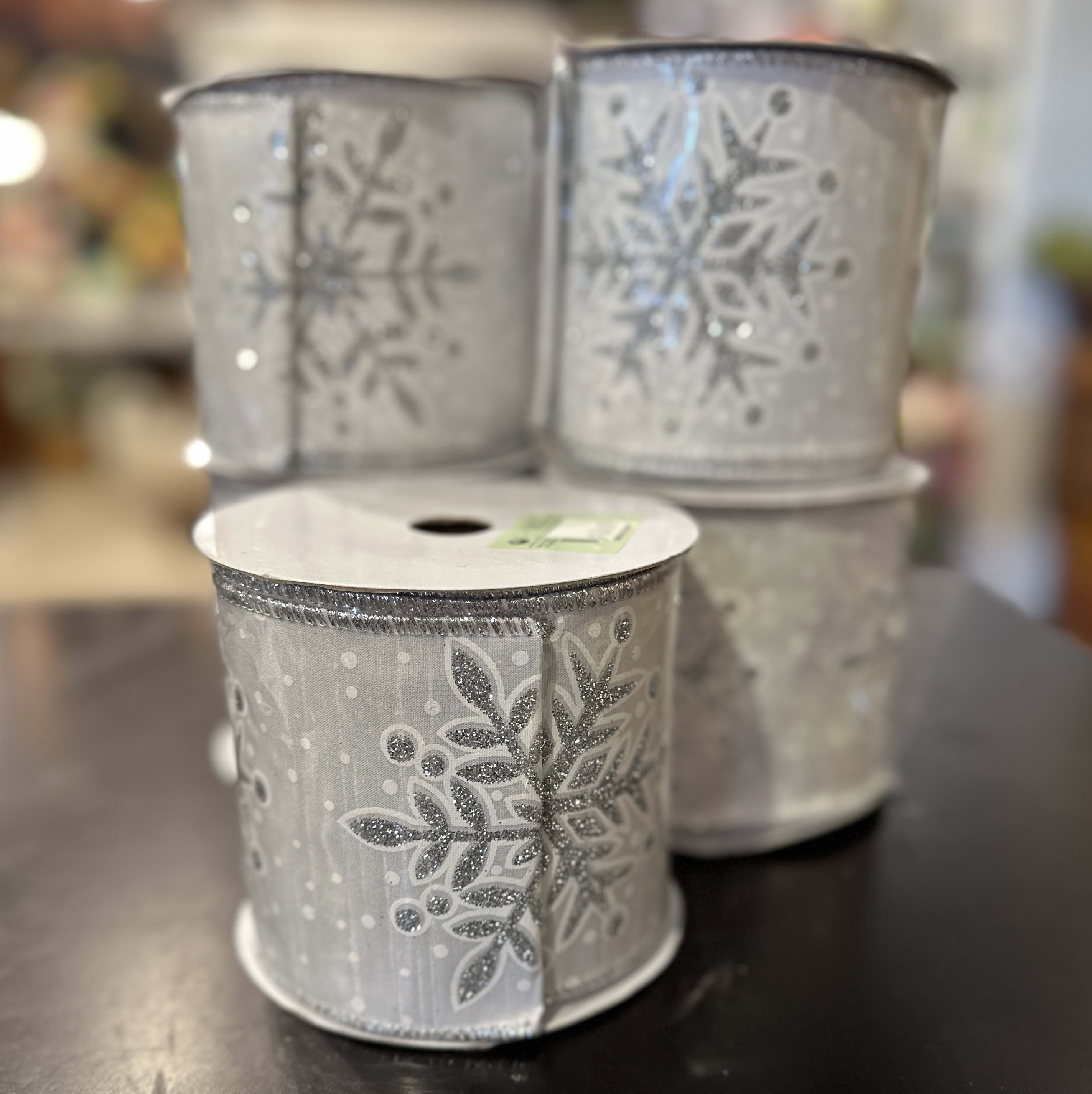 GLITTER SNOWFLAKE SILVER BACK RIBBON 4'' X 10Y