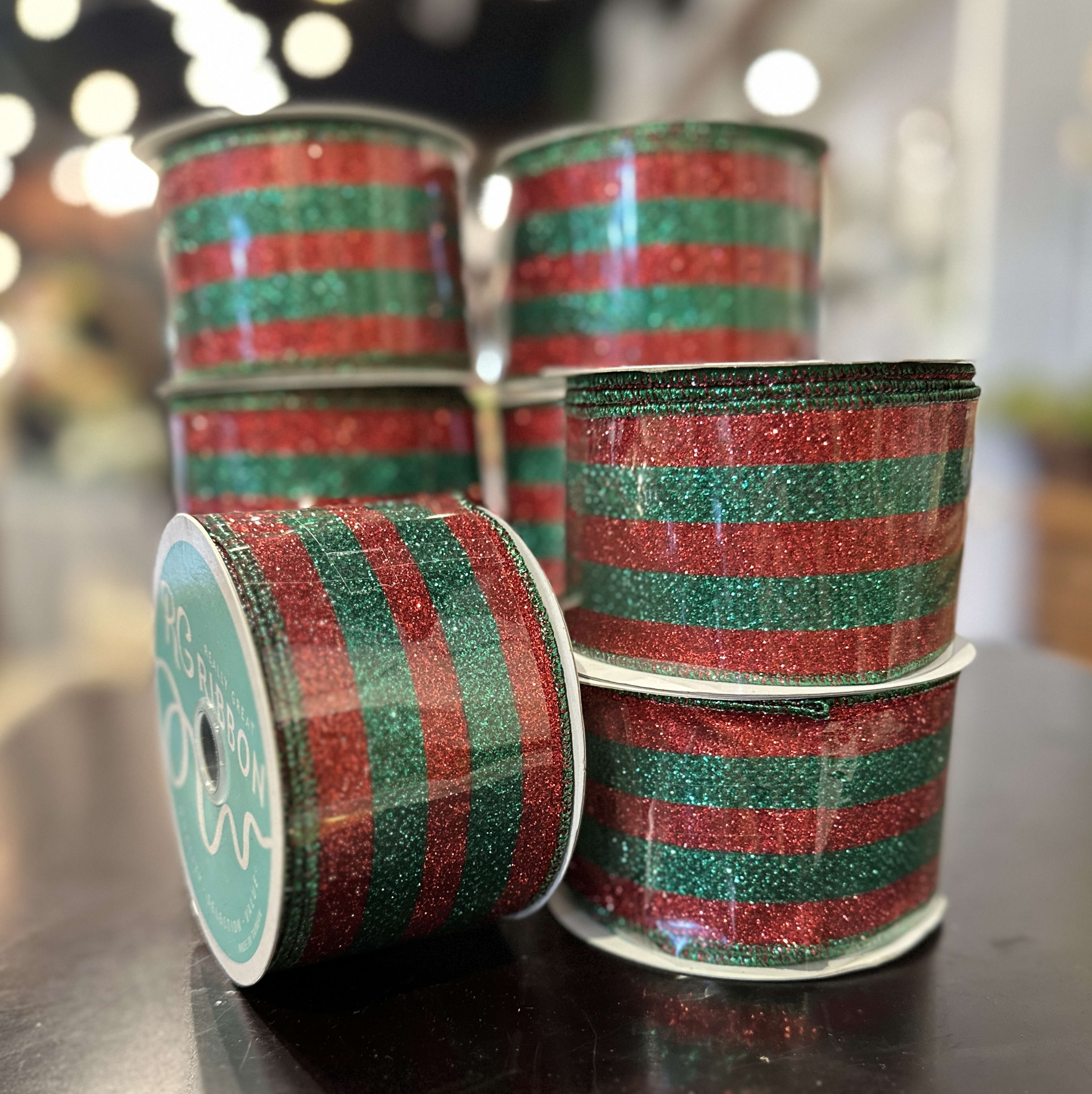 GREEN & RED STRIPED RIBBON 2.5'' X 10YD