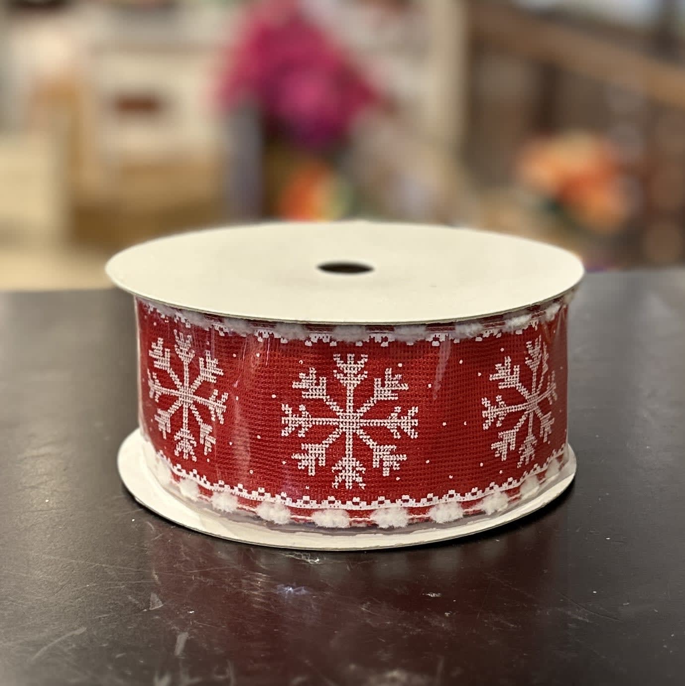 RED RIBBON WITH WHITE SNOWFLAKE 2.5'' X 10YD