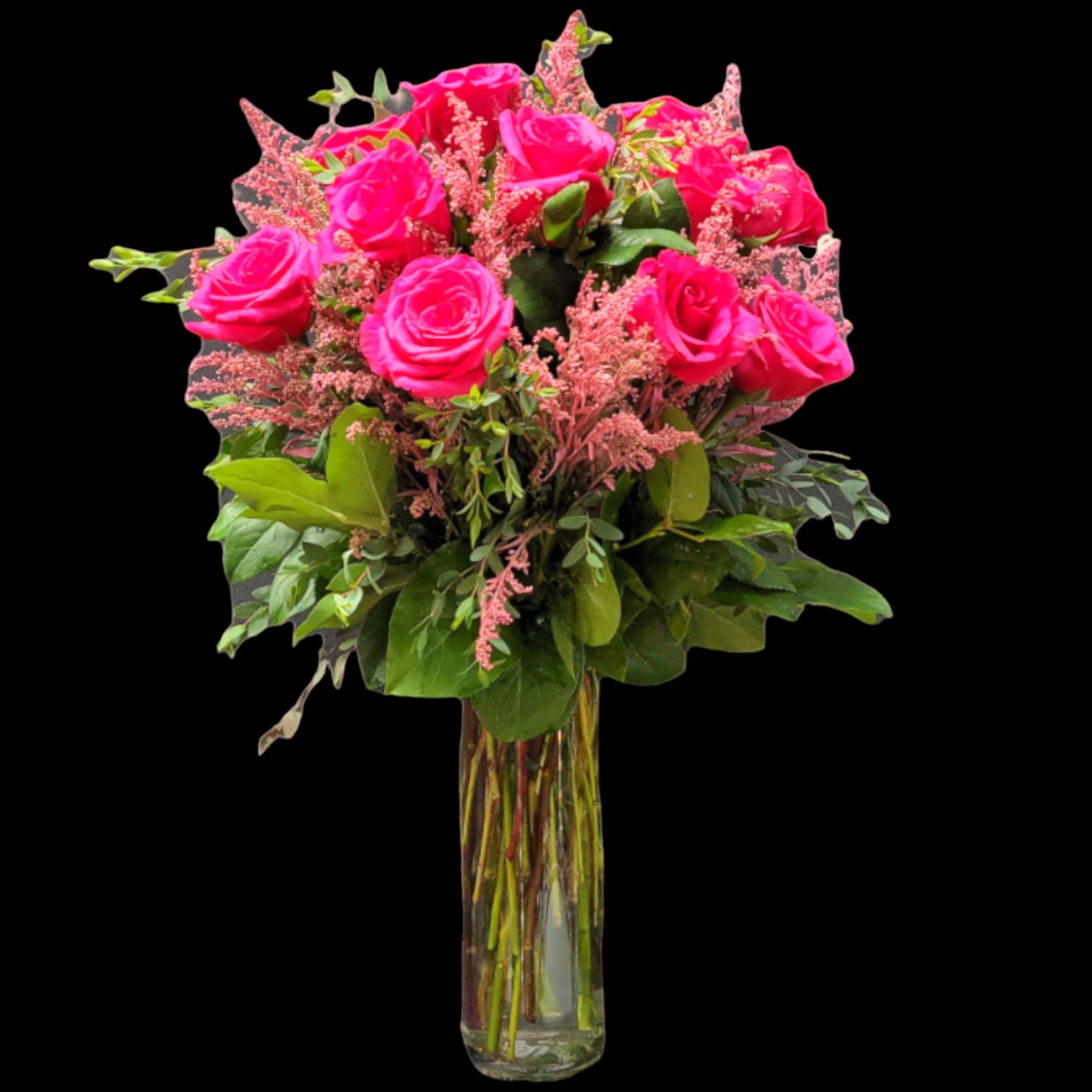 HOT PINK ROSES IN CLEAR VASE