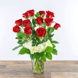 ONE DOZEN RED ROSES WITH HYDRANGEA Flower Bouquet
