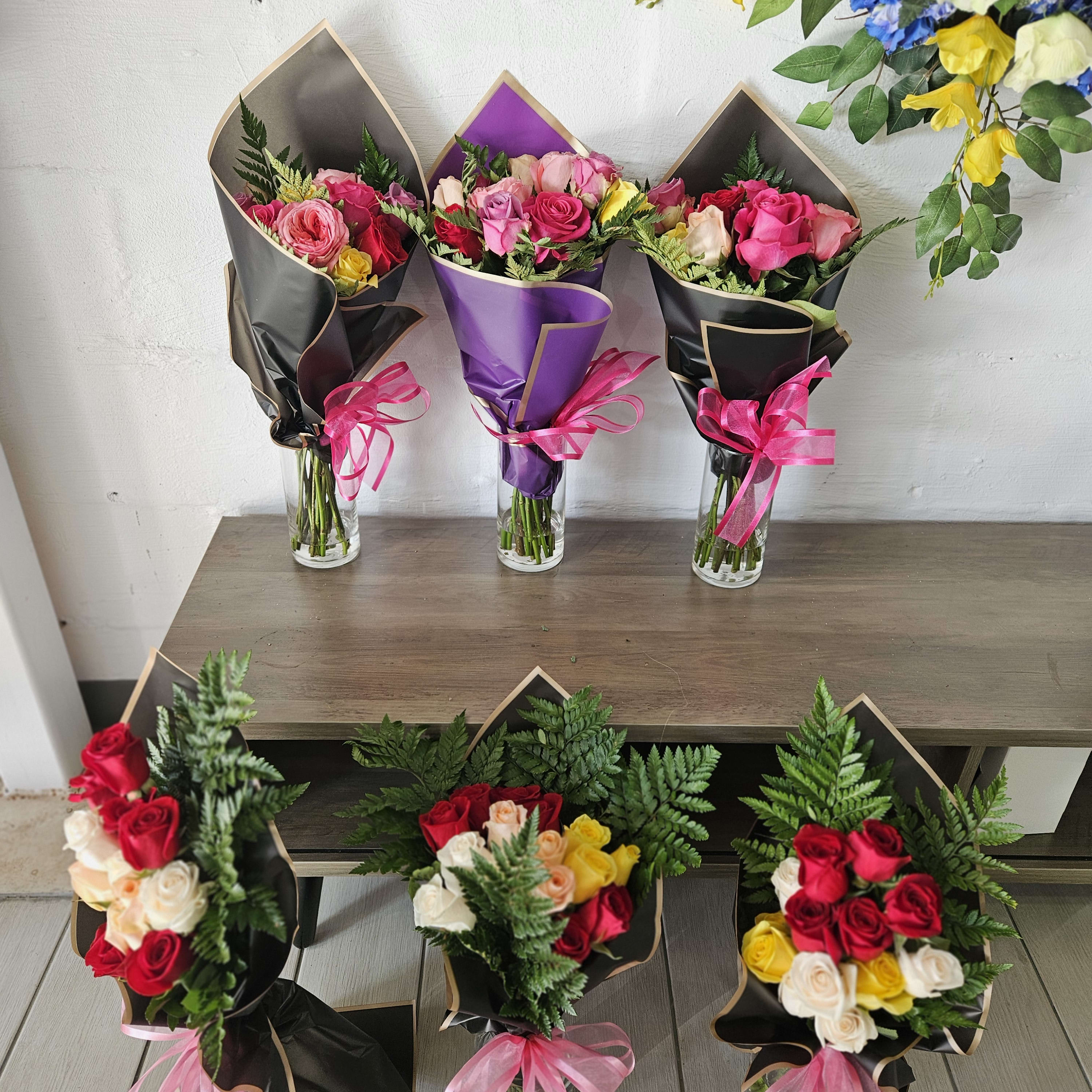 The Dressed Up Dozen-Assorted Roses + Glass Vase Flower Bouquet