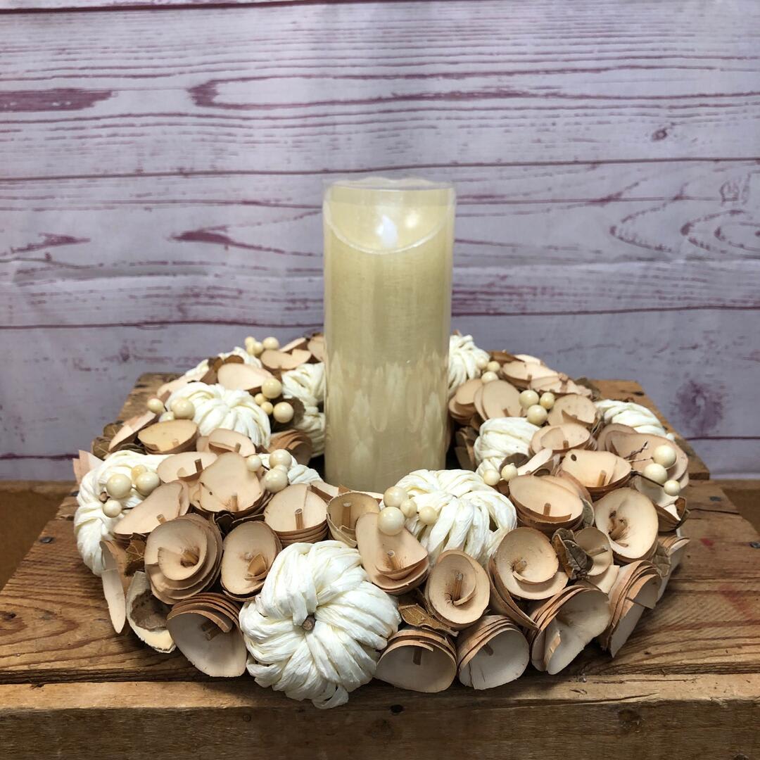 Wooden Flower and Pumpkin Centerpiece with Candle