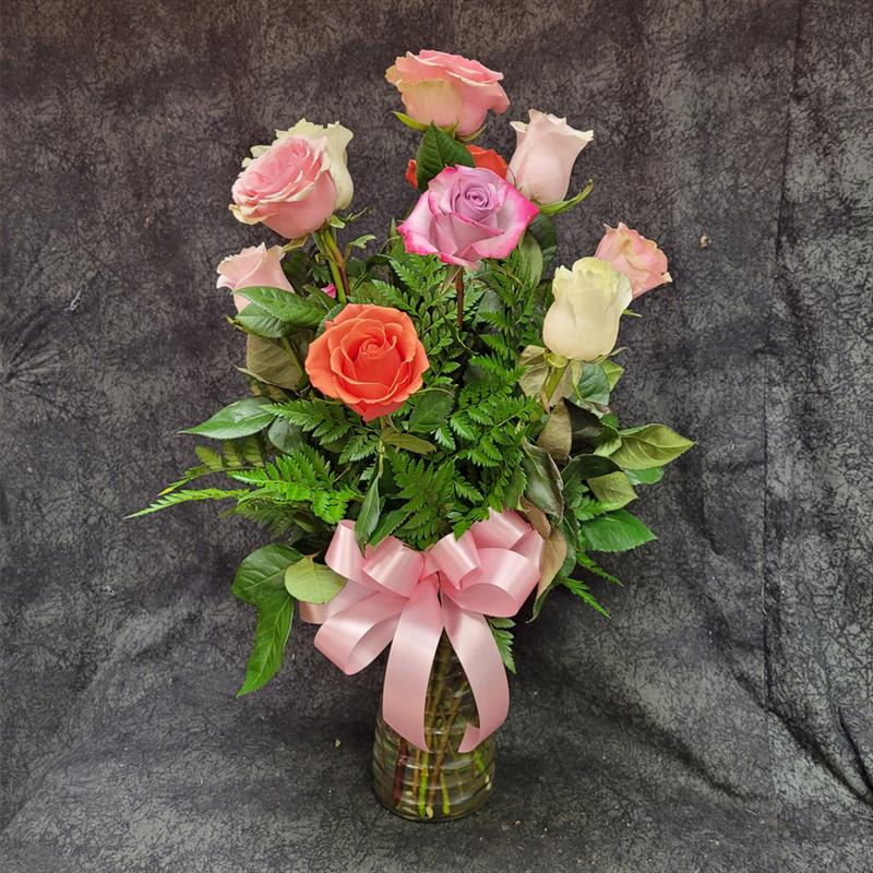 RACMIX12VD - 12 Mixed color Long Stem Roses Arranged - VALENTINES Flower Bouquet