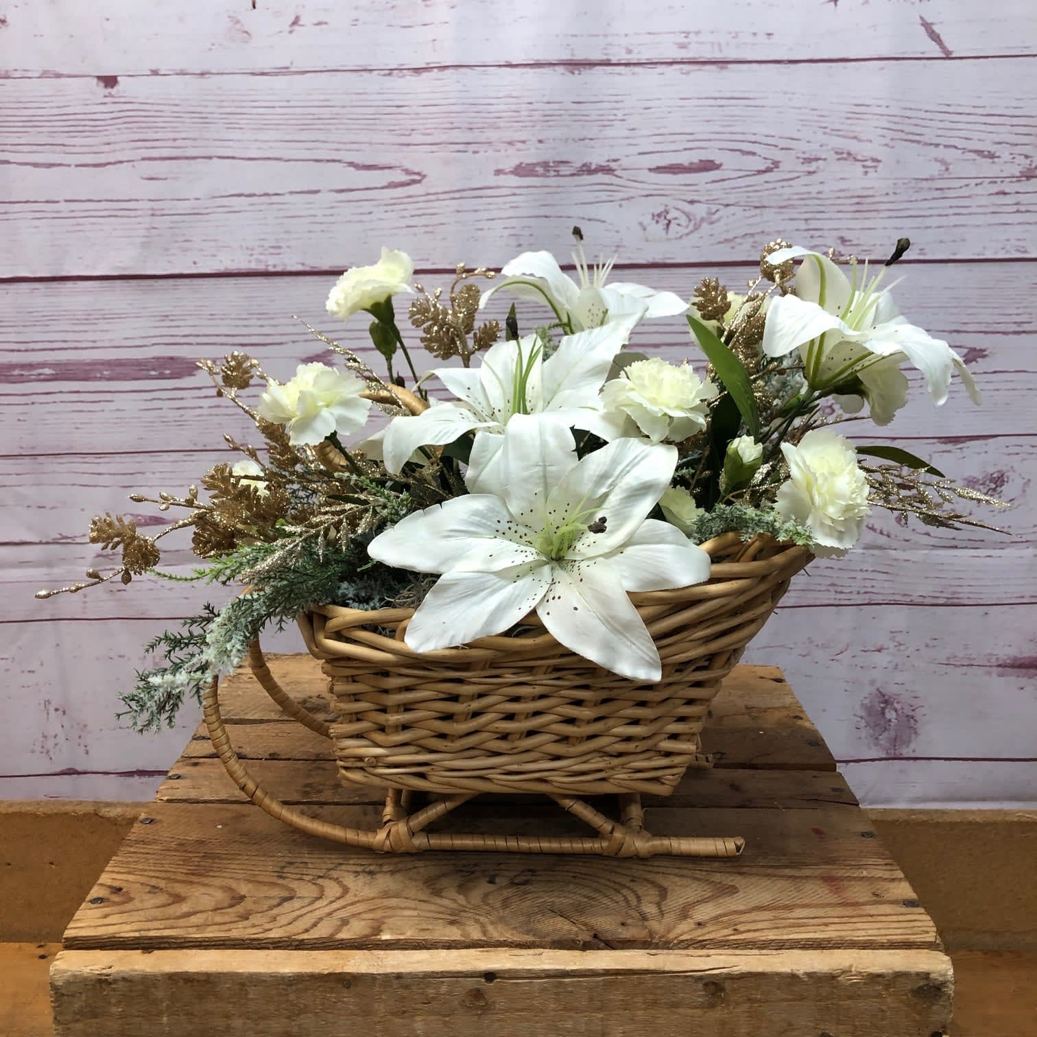 Wintry Wicker Sled Silk (Artificial) Arrangement