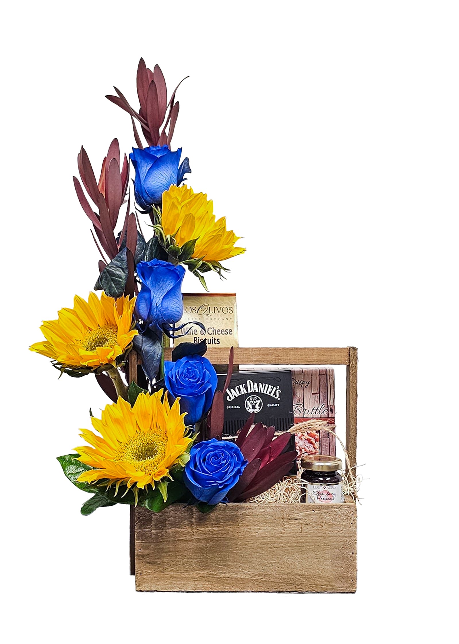 Fd-7 Canasta de rosa y girasoles con productos gourmet Flower Bouquet