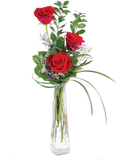 THREE FIERY ROSES BUD VASE Flower Bouquet