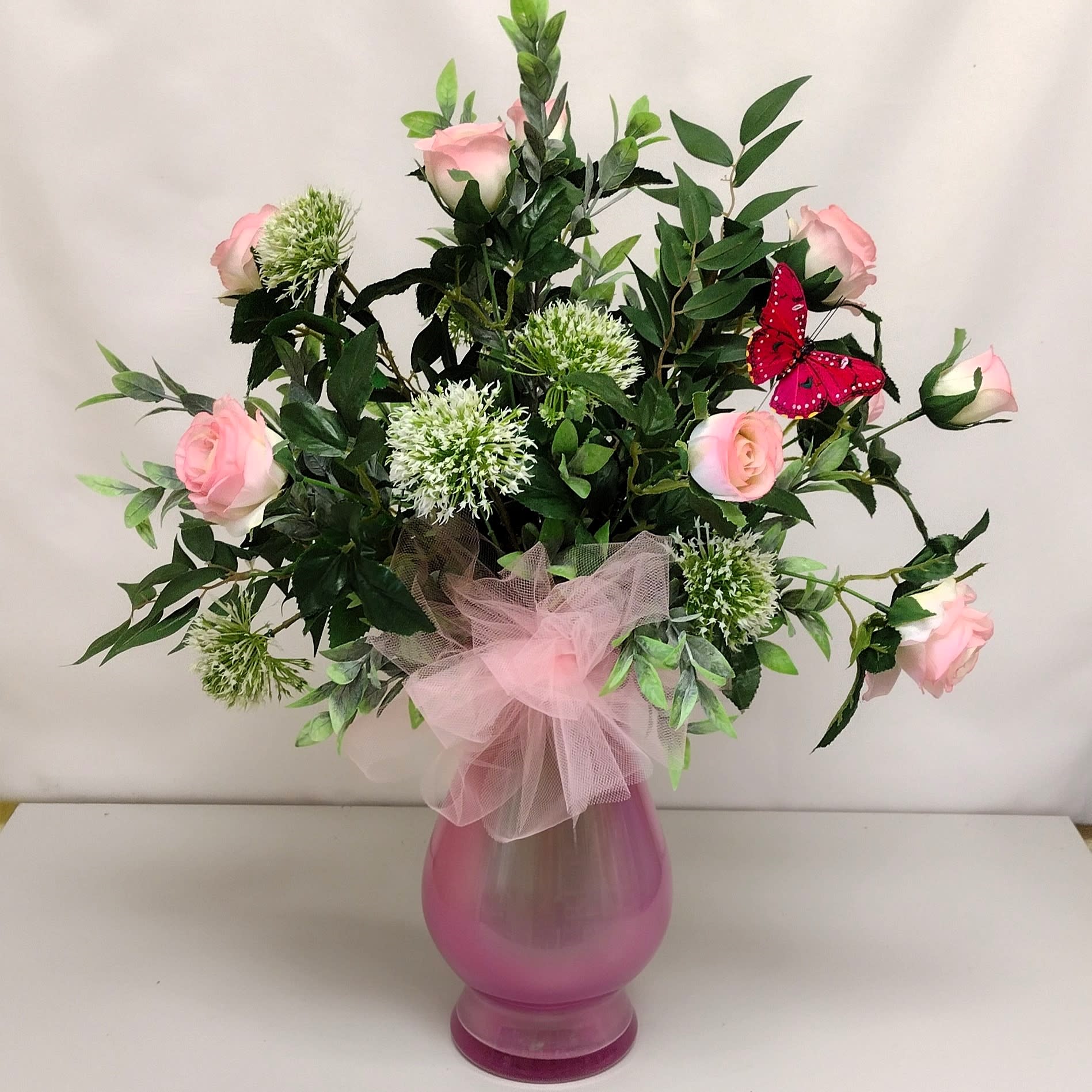 Pink Silk Roses & Aliums Flower Bouquet