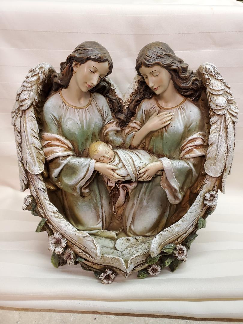 2 Angels Holding Baby Flower Bouquet