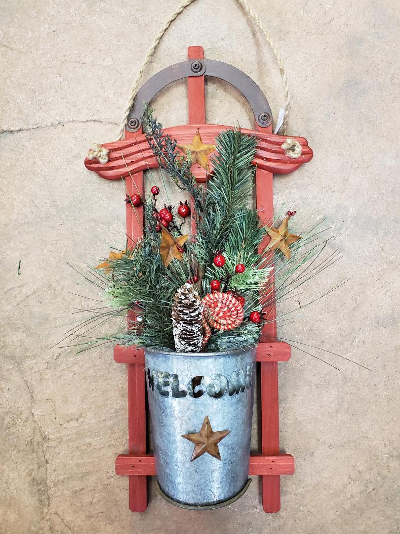 Red Sleigh Door Hanger Flower Bouquet