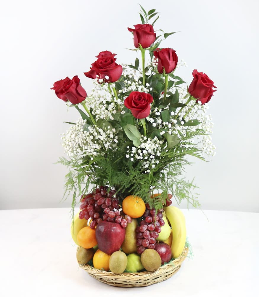 Fresh Fruit with Roses Basket Flower Bouquet
