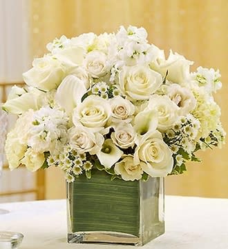 All White Centerpiece in a Cube Vase