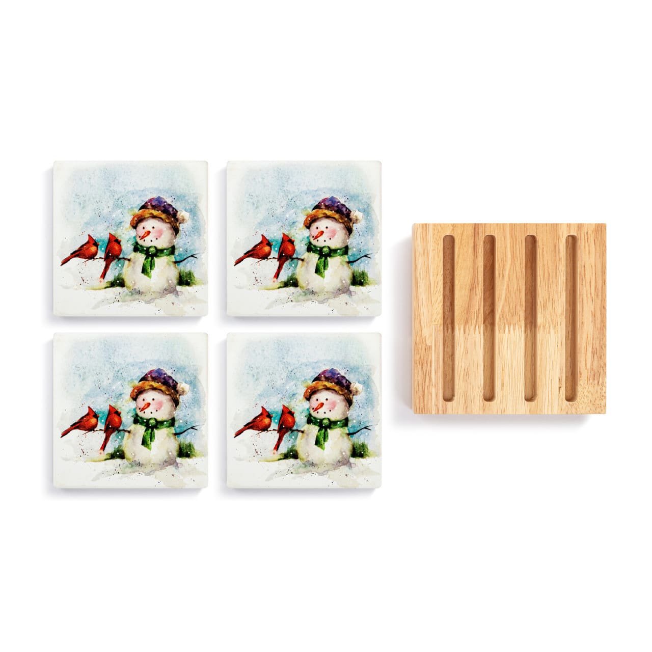 SNOWMAN & CARDINALS COASTERS- SET OF 4