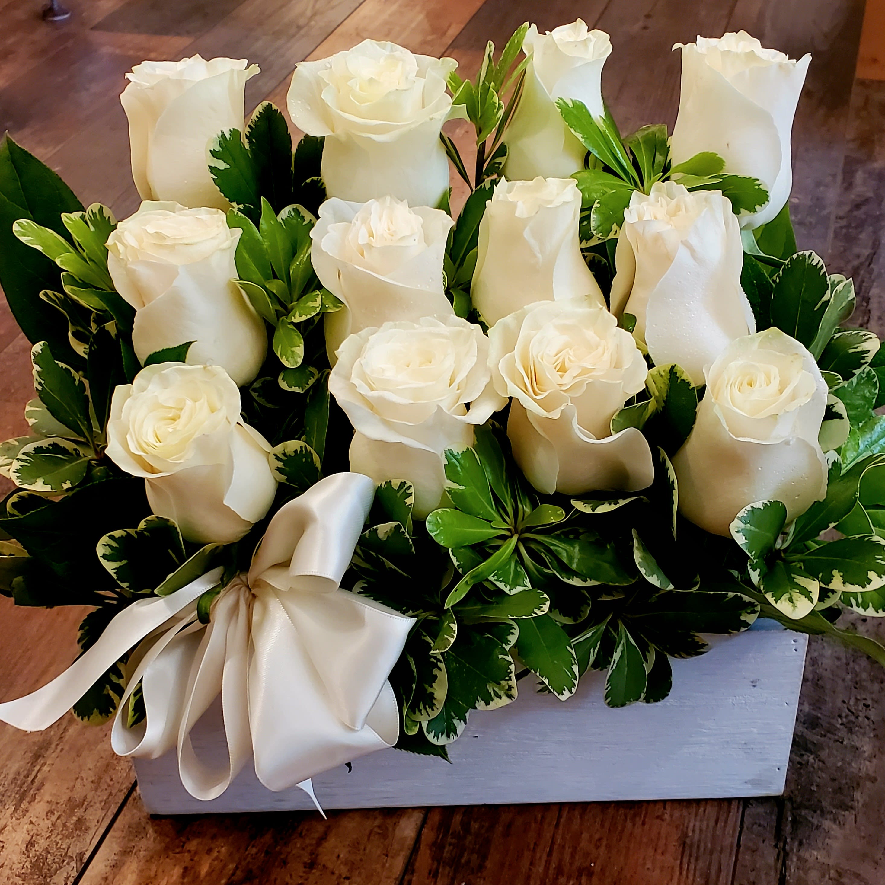Dozen White Mondial Rose Wood Box Bouquet