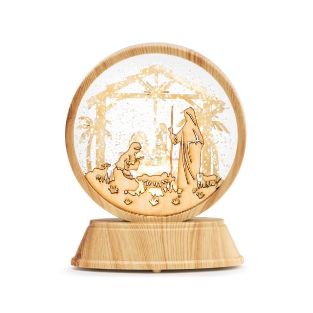Lit Wood Holy Family Snow Globe Flower Bouquet