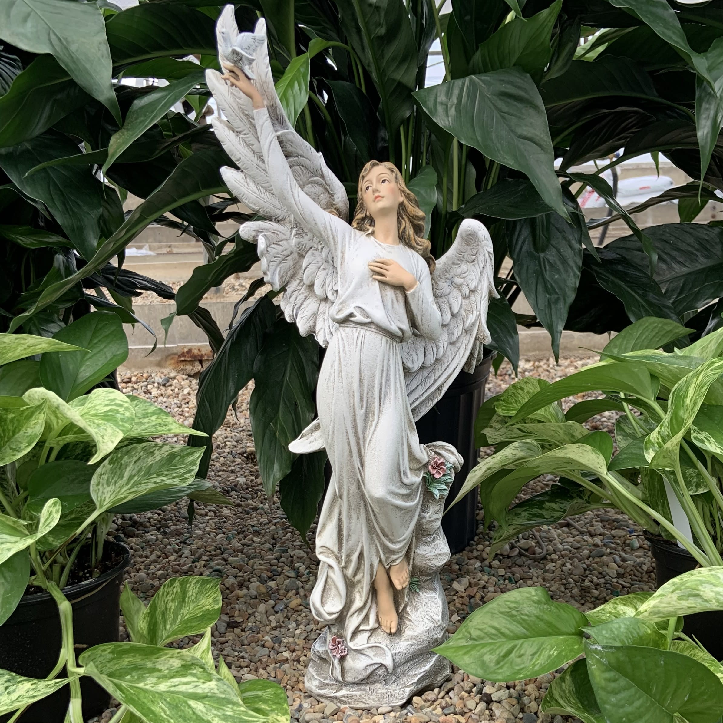 Angel Holding Dove Flower Bouquet