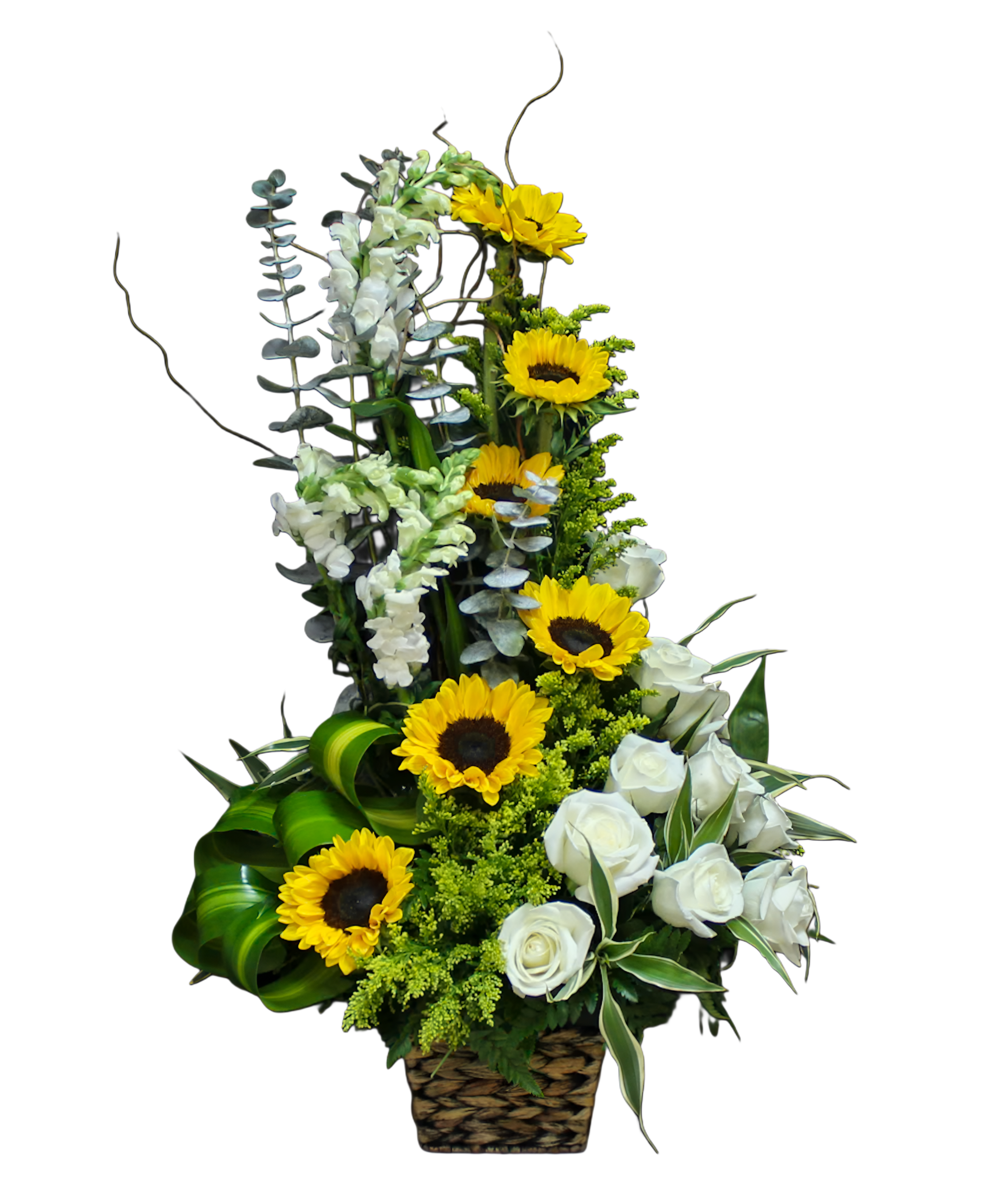 GT-11 Arreglo de rosas, stocks y girasoles