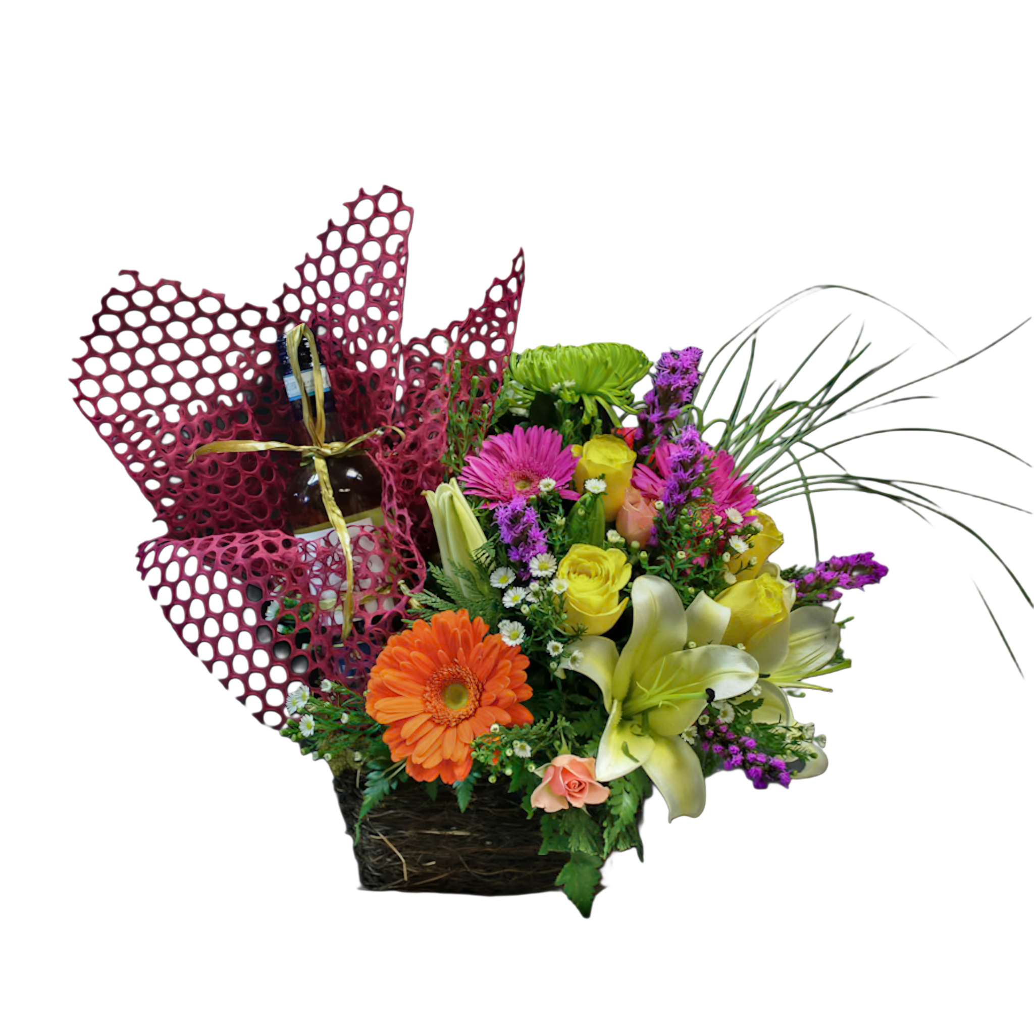 HB-5 Arreglo de rosas, spiders, gerberas, lirios concador, liatris y botella de vino Flower Bouquet