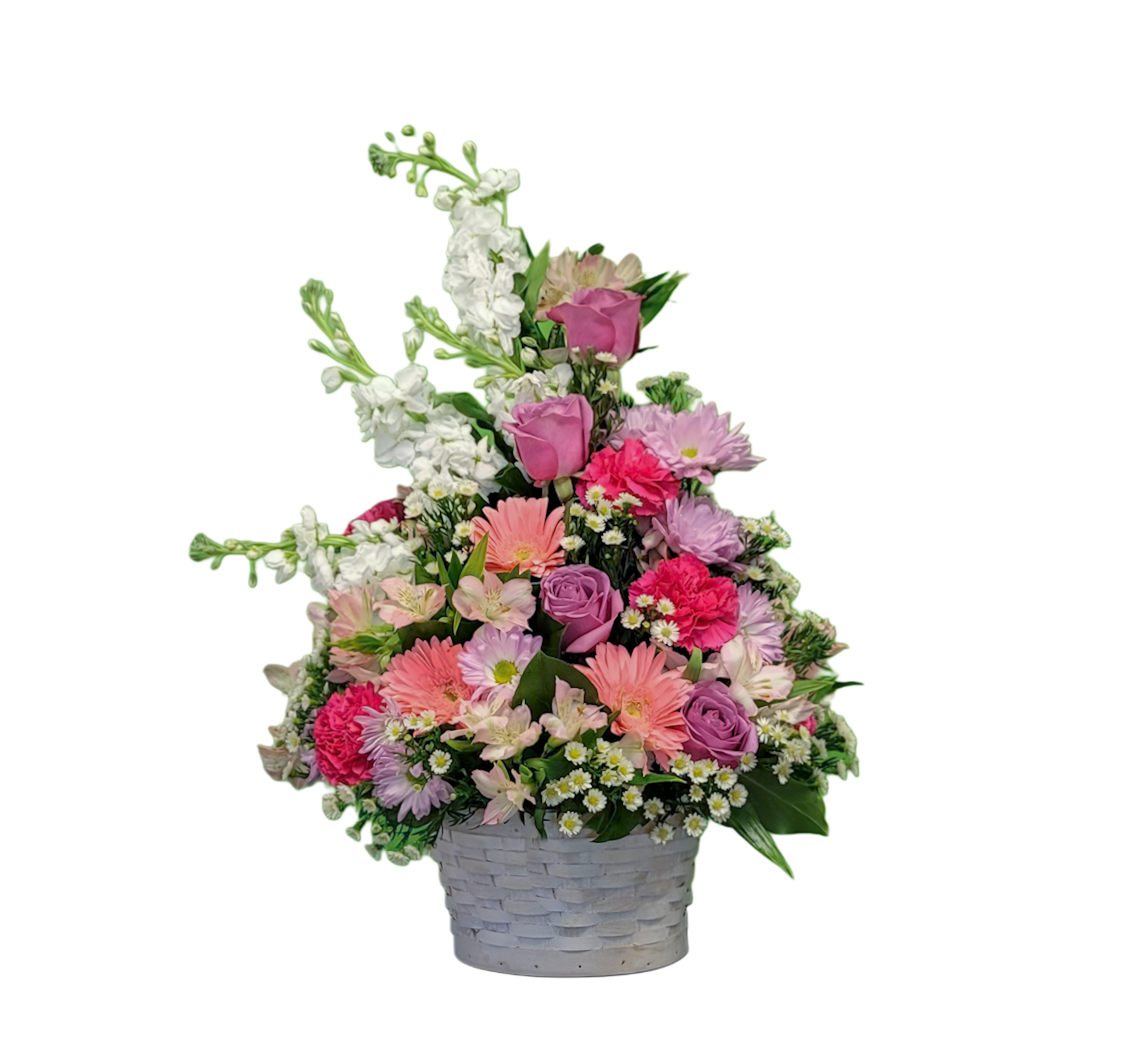 N-8 Arreglo de gerberas, claveles, stocks, rosas y montecasino