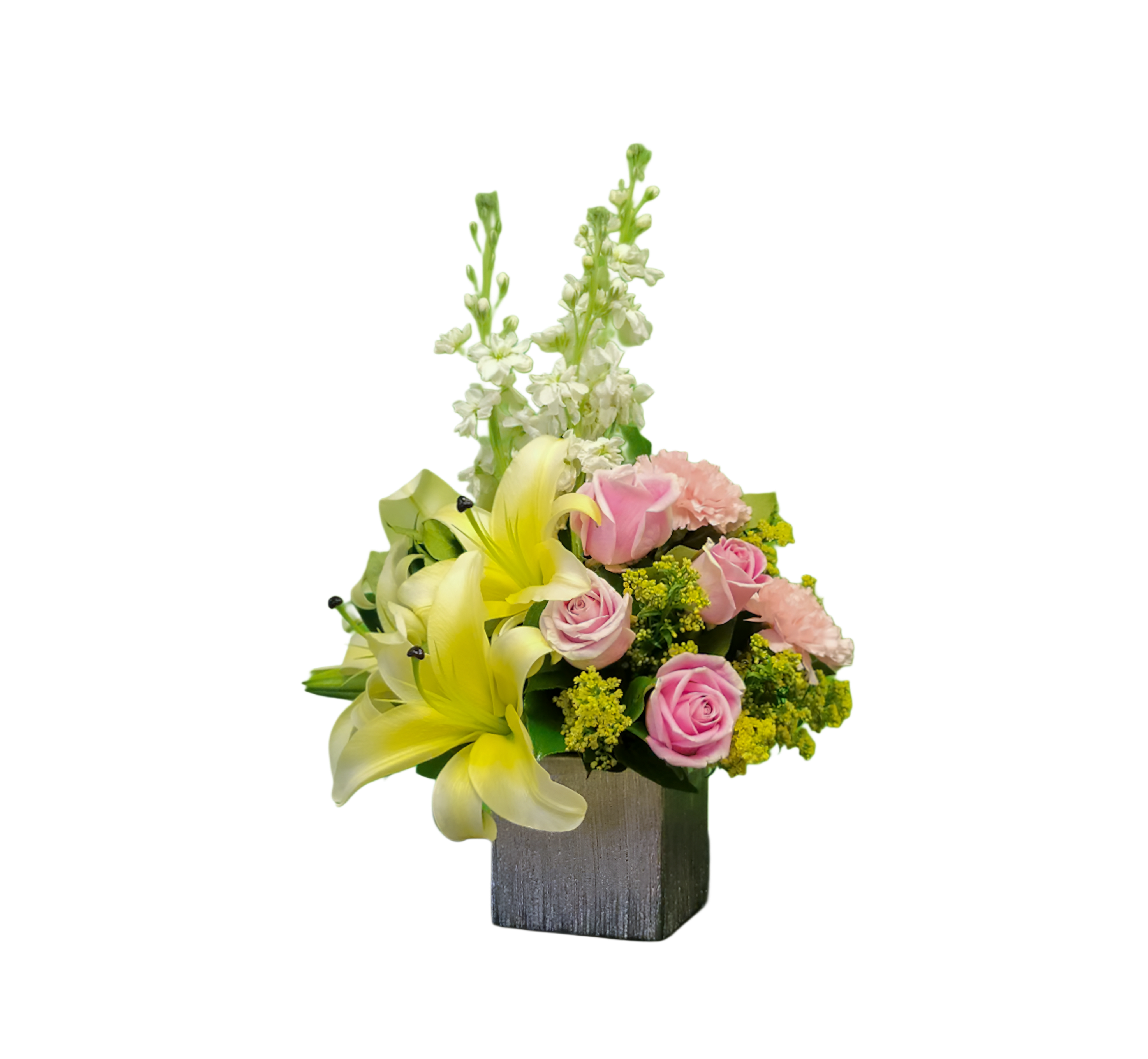 N-3 Arreglo de lirios, rosas, spray roses, solidago y stock