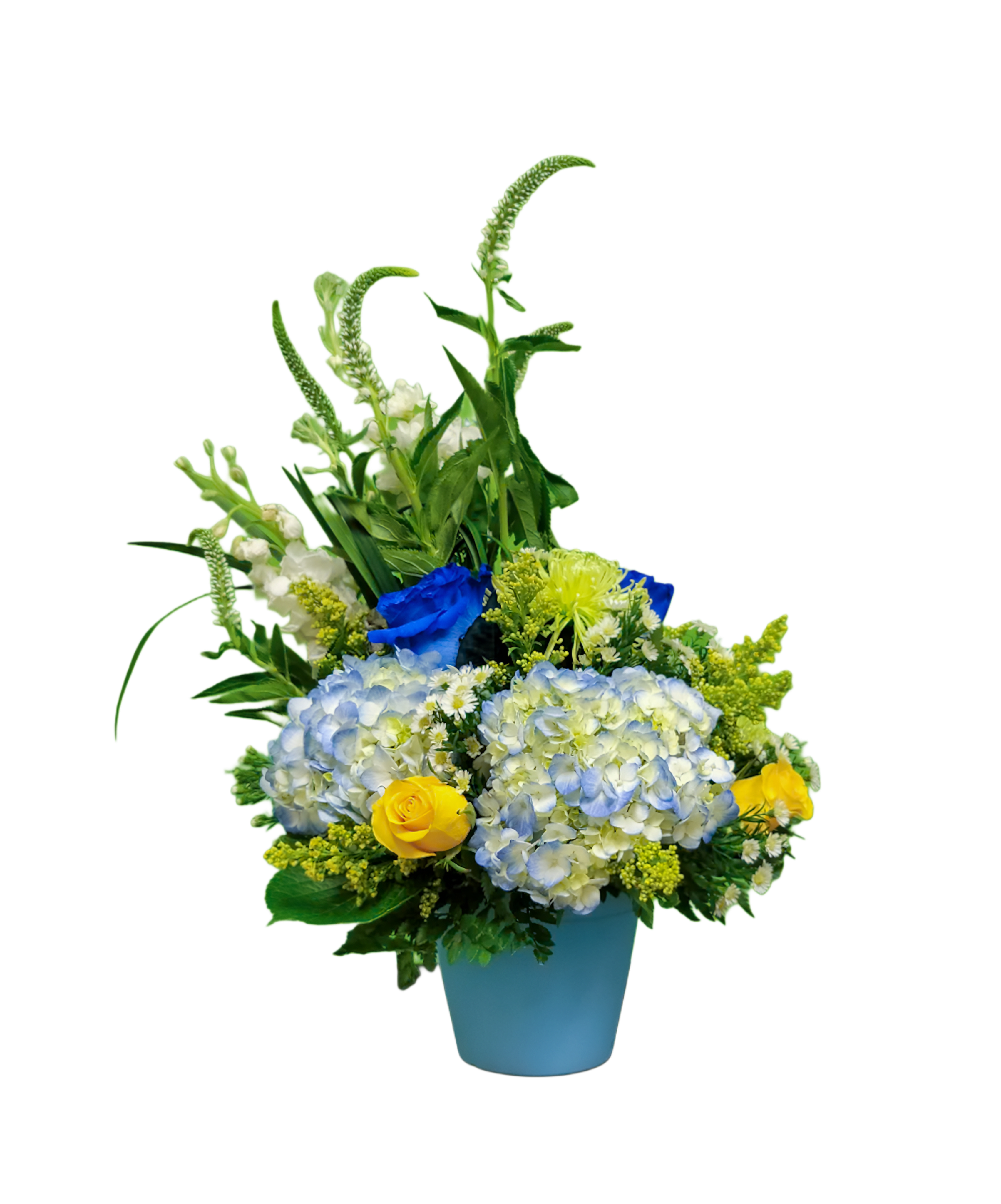 N-5 Arreglo de hortensias, rosas, stock y veronica