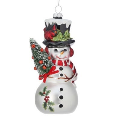 6'' GLASS SNOWMAN W/ TREE & CARDINAL ORNAMENT